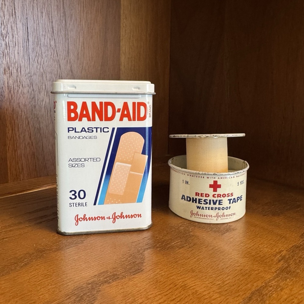 Vintage Johnson & Johnson Band Aid Plastic Bandages & Adhesive Tape Metal Tins